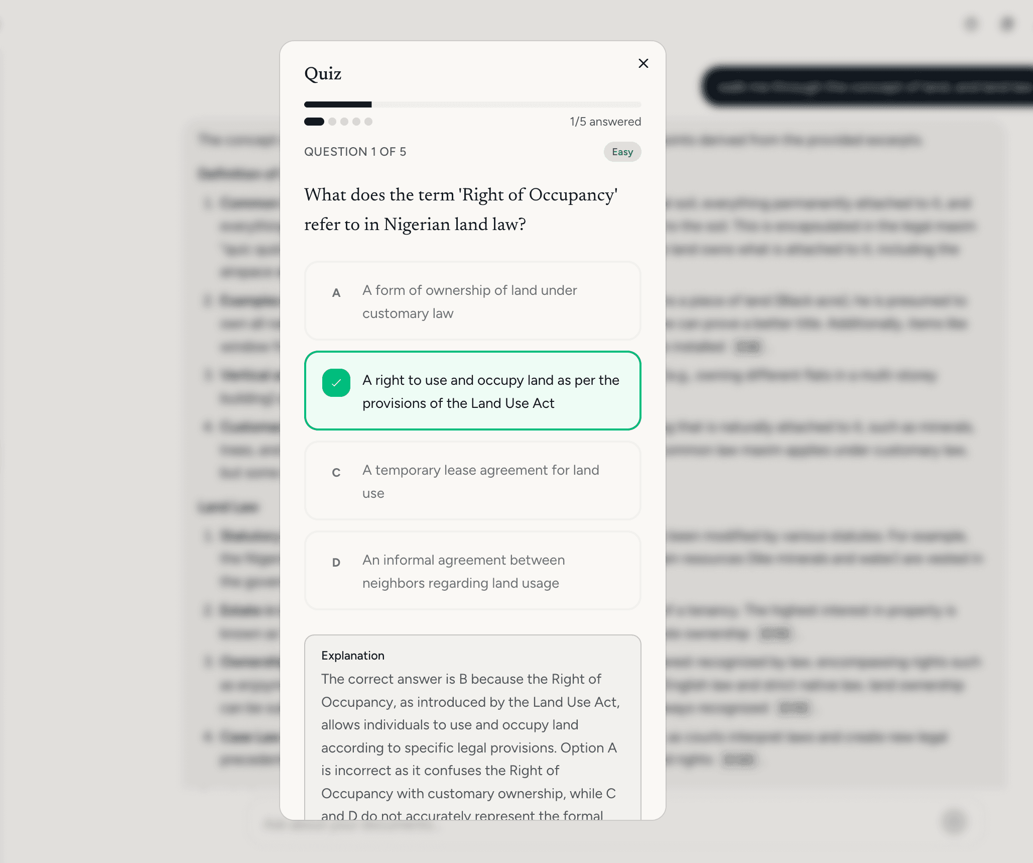 Quiz interface with multiple choice questions